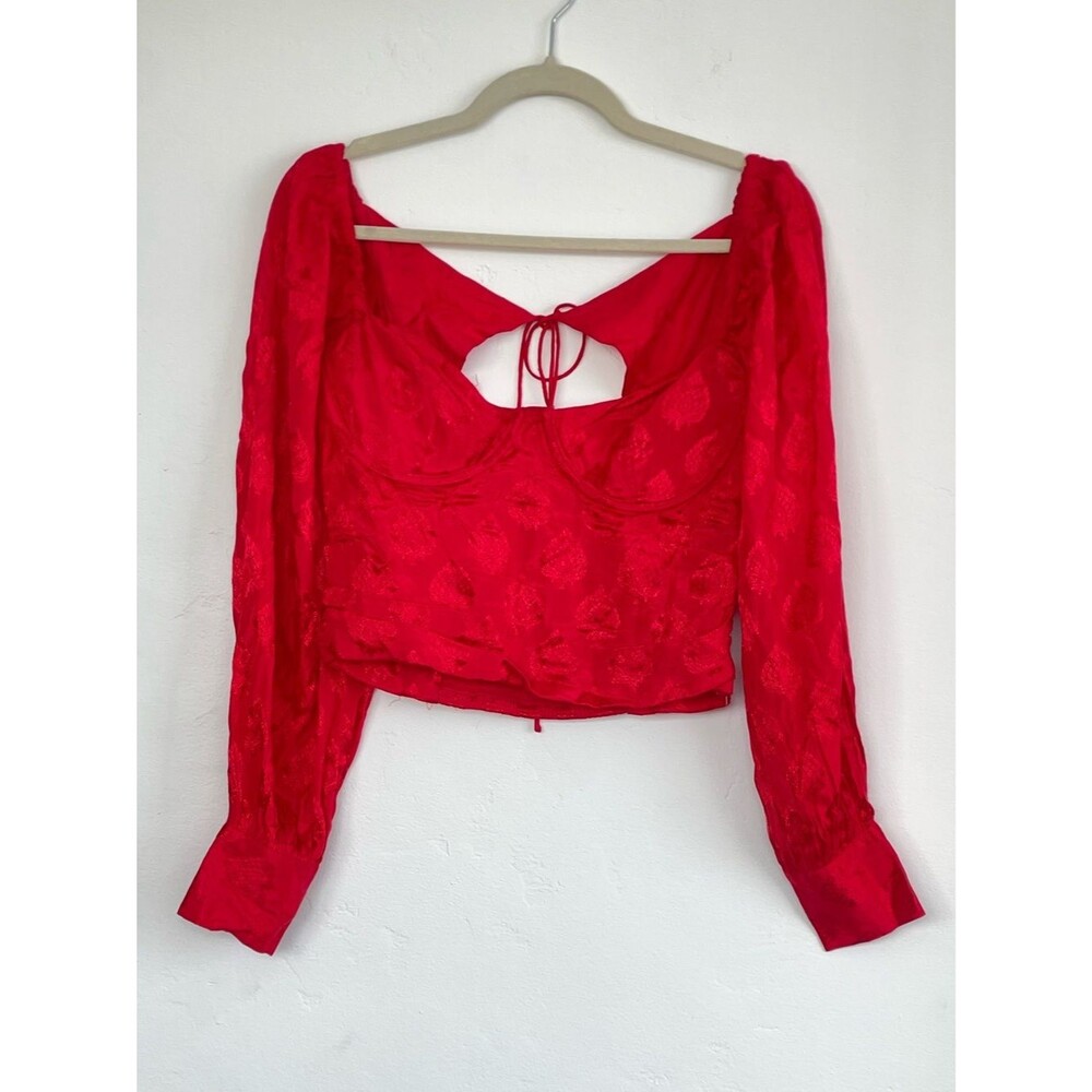 MAJORELLE Red Long-Sleeve Tie-Back Bustier Blouse